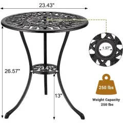23.6" Round Cast Aluminum Patio Bistro Table, Outdoor Coffee Bistro Side Table with Umbrella Hole, Antique Design Dining Desk, Black