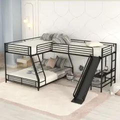 L-Shaped Twin over Full Bunk Bed with Twin Size Loft Bed,Built-in Desk and Slide, Black - ModernLuxe