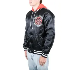 Jujutsu Kaisen TJHS Logo Men's Navy Hooded Satin Bomber Jacket