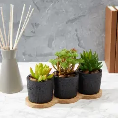 Farmlyn Creek 4 Piece Set Round Black Cement Planter Indoor Outdoor with Modern Wood Base, 8.8 x 3.15 x 2.67 in