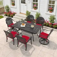 6-Person Cast Aluminum Patio Dining Set with Rectangle Table, 2 swivel chairs and 4 fixed dining chairs, Red Cushions and Umbrella Hole