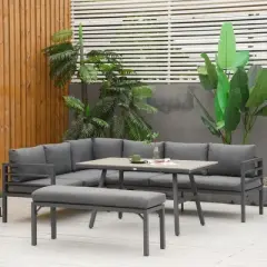 Outsunny 4 Piece Patio Furniture Set, Outdoor L-Shaped Sectional Sofa with 2 Couches, Bench, Dining Table, Cushions, Aluminum Conversation Set, Gray