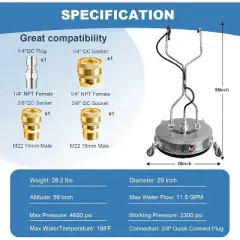 CuisinSmart 20" Stainless Steel Pressure Washer Surface Cleaner with 4 Wheels and Dual Handle, 4600 PSI Power Washer Attachment