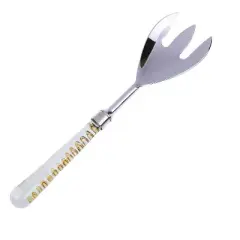 Classic Touch Set of 2 Stainless Steel Salad Servers With Glass Handle And Gold Inserted Design