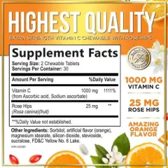 Chewable Vitamin C 1000 mg - For Immune Support & Antioxidant Natural Protection - 60 Tablets By Hello Lovely!