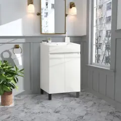 ALEXOUN Compact White Bathroom Vanity with Glossy Ceramic Sink - Perfect for Small Bathrooms or Powder Rooms Apartments