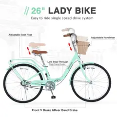 INFURNIC Bicycles 26" Single Speed Folding Bike Beach Cruiser Bike Step Through City for Easy Storage and Commuting, Green, 69.93"*25.2"*40.95"