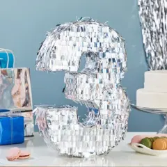 Blue Panda Small Silver Holographic Foil Number 3 Pinata for Kids 3rd Birthday Party Decorations, 16.5 x 11.5 in