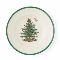 Spode Christmas Tree 9" Soup Plate (Set of 4) - Stoneware Soup Bowls with Festive Tree Design & Green Rim - Microwave & Dishwasher Safe