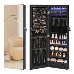 SONGMICS 6 LEDs Mirror Jewelry Cabinet 42.5-Inch Tall Lockable Wall or Door Mounted Jewelry Armoire Organizer with Mirror