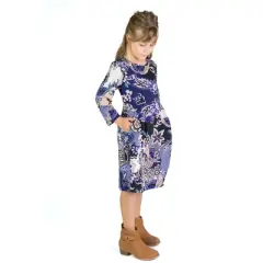 24seven Comfort Apparel Girls Blue Paisley Long Sleeve Loose Fit Knee Length Tunic Pocket Dress