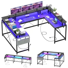 U Shaped Computer Gaming Desk, Reversible L Shaped Desk with Power Outlets, LED Strip & Monitor Stand