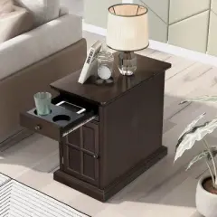 Classic Vintage End Table with USB Ports and a Multipurpose Drawer with Cup Holders - ModernLuxe