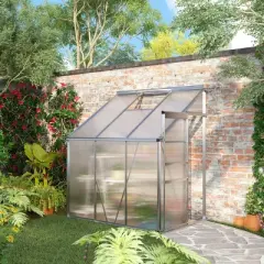 Outsunny 6' x 4' Aluminum Lean-to Greenhouse Polycarbonate Walk-in Garden Greenhouse with Adjustable Roof Vent, Rain Gutter and Sliding Door