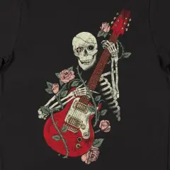 Skeleton With Guitar And Roses Crew Neck Short Sleeve Black Women's T-shirt