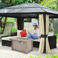 Outsunny 42" Propane Fire Pit Table, 30,000BTU Wicker Electric Ignition Gas Fireplace with Lid, Lava Rocks and Cover for Outdoor, or Patio, Gray