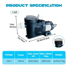 1.5 HP Swimming Pool Pump Above Ground/Inground, 220V, 8000 GPH High-Flow, 1100W High-Efficiency Swimming Pool Pump