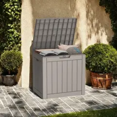 DSVIMOY Deck Boxes, 4-Piece 30 Gal Outdoor Storage Deck Box, Small Patio Storage Bin for Garden Tools, Brown, 22.09"*17.09"*20.87"