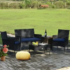 Tangkula 4PCS Outdoor Furniture Set Patio Rattan Conversation Set w/ Navy & Off White Cushion