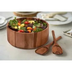 Kalmar Home Natural Acacia Wood Salad Bowl Set with Servers &ndash; Extra Large 10"x 4" Wide  Bowl for Entertaining