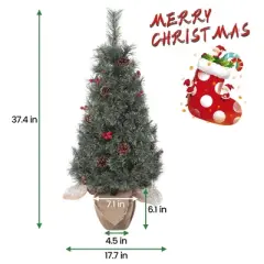 Small Xmas Tree, Mini Christmas Tree w/Lights, 3ft Christmas Tree pre-lit w/78 Warm White LED Lights,Red Berry Clusters and Cloth Bag Base,2pcs