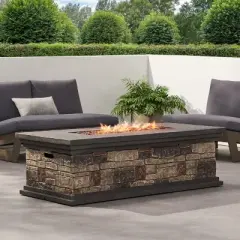 GDFStudio Troy Outdoor 50,000 BTU Lightweight Concrete Rectangular Fire Pit Table, Stone Finish