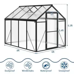 Greenhouse, 6x8 FT Walk-in - Heavy Duty Aluminum Polycarbonate Outdoor Greenhouse with Roof Vent, Sliding Lockable Door, Ground Nails, Black