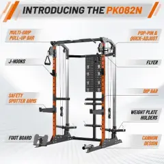 Power Cage, Multi Function 2000LB Squat Rack with Dual Pulley Cable Crossover System, Free Weight Home Equipment with Bench and Attachment Orange