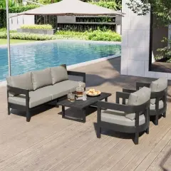 4-Piece Outdoor Patio Conversation Set, Weather-Resistant Metal Frame with Plastic Wood Tabletop, Cushioned Sofa and Chairs - ModernLuxe