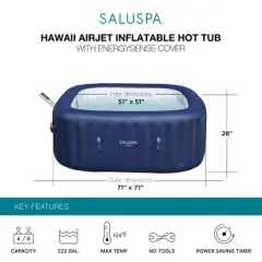 Bestway SaluSpa Hawaii Smart AirJet Inflatable Hot Tub Square Portable 4 to 6 Person Spa with 140 AirJets, App Control and EnergySense Cover, Blue