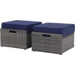 SUGOLD Outdoor Wicker Ottoman Set of 2, All-Weather Rattan Footrests with Thick Cushions, Patio Footstool Seats
