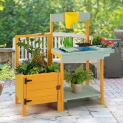Tangkula Wooden Potting Bench for Kids w/ See-Through Window Planter Box Garden Trellis