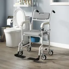 HOMCOM Shower Wheelchair, Commode Wheeled Chair with Seat, Backrest, Arms, Locking Wheels, for Seniors, Adults, Injured or Disabled, Gray