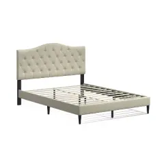 Glenwillow Home Oros Upholstered Platform Bed, Tufted Camelback, Mattress Foundation, Wood Slat Support, No Box Spring Needed, Beige, Queen