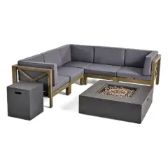 Christopher Knight Home Brava Outdoor Acacia Wood 5 Seater Sectional Sofa Set with Fire Pit