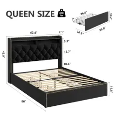 Garvee Upholstered Queen Size Bed Frame with 4 Drawers, Black Velvet Queen Platform with Tufted Headboard and Nailhead Design, No Box Spring Needed