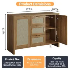 Modern Rattan Buffet Cabinet Sideboard with Storage,47" Boho Credenza Buffet Console Table with Drawers&Doors,Wooden Coffee Bar Cabinet