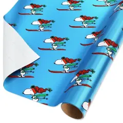 American Greetings 30" 25 sq ft Metallized Peanuts Snoopy Skiing on Blue Gift Wrap