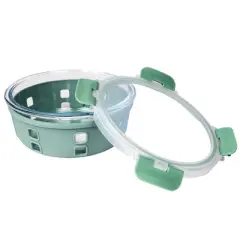 Lexi Home 32 oz. Round Glass Food Storage Container with Snap-Lock Lid & Sage Silicone Sleeve