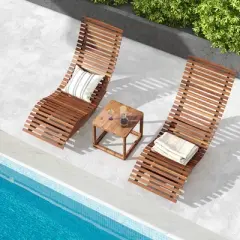Tangkula Set of 2 Acacia Wood Patio Chaise Lounge Chair Outdoor Rocking Chair w/ Slatted Design