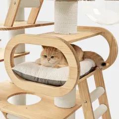 Modern Wooden Cat Tower,Beige,43.3" W &times; 23.62" D &times; 76.38" H