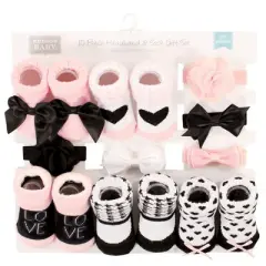 Hudson Baby Girl Headband and Socks Giftset, Pink Black Love, One Size