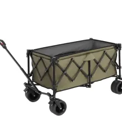 DSVIMOY Foldable Extended Wagon with 220lbs Weight Capacity, 300L Folding Utility Garden Cart with Drink Holders, Army Green, 42.91"*20.87"*32.68"