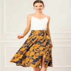 Allegra K Women's High Elastic Waist Belted Slit A-Line Midi Floral Print Skirt