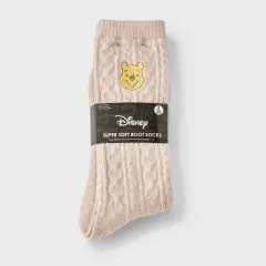 Women's Winnie The Pooh Super Soft Embroidered 2pk Crew Socks -  Taupe/Blue 4-10