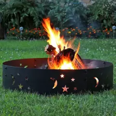 Sunnydaze Outdoor Heavy-Duty Steel Portable Fire Pit Ring with Die-Cut Stars and Moons - 36" - Black
