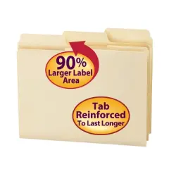 Smead SuperTab File Folder, Oversized Reinforced 1/3-Cut Tab, Guide Height, Letter Size, Manila, 100 Per Box (10395)