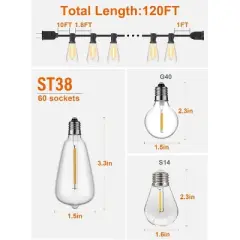 Itopfox 120FT Outdoor String Lights, Waterproof Patio Lights with 64 Hanging ST38 Bulbs, 2700k Shatterproof for Backyard Gazebo Porch Garden Decor