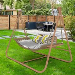 Outdoor Double Upholstered Hammock Swing Chair,Rattan Hammock Chair with Stand And Metal Frame For Patio Balcony,Bedroom-Coolbibila