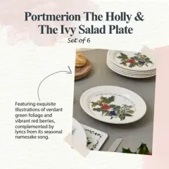Portmeirion The Holly and The Ivy 8-inch Christmas Salad Plates (Set of 6) - Festive Tableware, Holly Motif, Microwave, Dishwasher, Freezer, Oven Safe